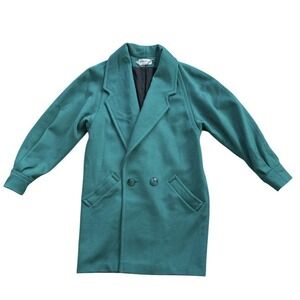 Ashley Scott Vintage Wool Overcoat 3/4 Green Double-Breasted Coat Balloon Sleeve